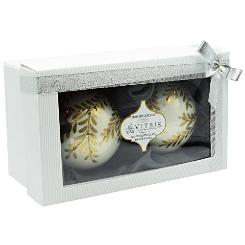 Vitbis Weihnachtsbaumschmuck Set von Zwei 10 cm Durchmesser Milchig Weiß mit Goldenem Blumendekor und Glitter Handgefertigt Handbemalt Kugeln Geschenkfertig Box mit Band von VITBIS