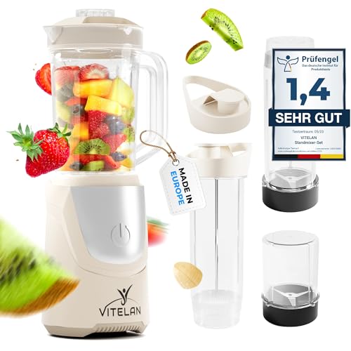 VITELAN® - VitaSet - Smoothie Maker und Standmixer - Mixer mit Zyklon-Effekt als Smoothie Maker to go - Milchshakes und Smoothies zubereiten, Nüsse mahlen, ein Set 9 Teile - jetzt Farbe wählen von VITELAN