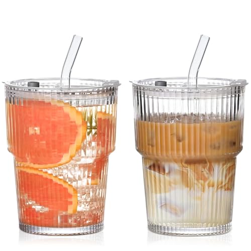 VITEVER 2 Stück 400ml Glasbecher mit Deckel und Strohhalm, Glas Smoothie Becher mit Strohhalm, Luftdicht Wasserdicht Design Kaffeebecher Travel Mug, Eiskaffee Becher, Trinkglas VITEVER 2 Stück 400ml Glasbecher mit Deckel und Strohhalm, Glas Smoothie Becher mit Strohhalm, Luftdicht Wasserdicht Design Kaffeebecher Travel Mug, Eiskaffee Becher, Trinkglas von VITEVER