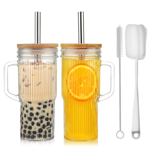 VITEVER 24oz Gerippter Glasbecher mit Deckel und Strohhalm, Eiskaffeebecher mit Griff, Mason jar Becher mit Breiter Öffnung für Smoothie, Eiskaffee, Fruchtsaft, Soda Wasser, BubbleTee von VITEVER