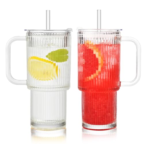 VITEVER 2er-Set Gerippte Glasbecher mit Griff, Deckel und Strohhalmen, 750ml, Dickem Glas Ideal für Eiskaffee, Matcha, Latte, Säfte und andere Getränke VITEVER 2er-Set Gerippte Glasbecher mit Griff, Deckel und Strohhalmen, 750ml, Dickem Glas Ideal für Eiskaffee, Matcha, Latte, Säfte und andere Getränke von VITEVER