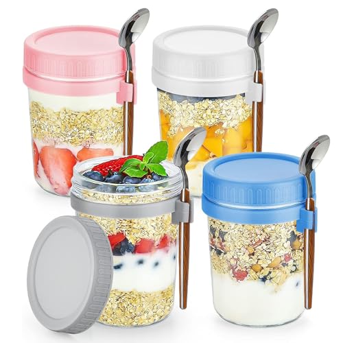 VITEVER 4Pack 350ml Overnighter Oats Gläser mit Löffel, Einmachgläser mit Schraubdeckel für Salat Joghurt Pudding Chutney Marmelade,Wiederverwendbare Müslibecher als Mason Jar von VITEVER