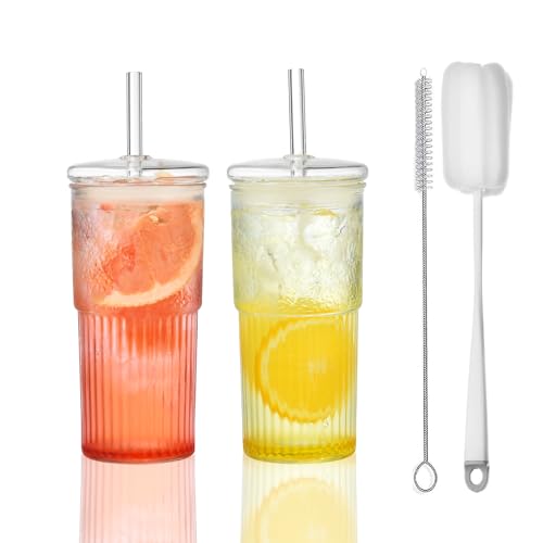 VITEVER 600ML Bubble Tea Glasbecher mit Deckel und Strohhalm，2 Pack High Borosilicate Glas Longdrinkglas Set für Eiskaffee Saft Smoothie Wasser Tee, Transparente gestreifte Glas-Wasserbecher von VITEVER
