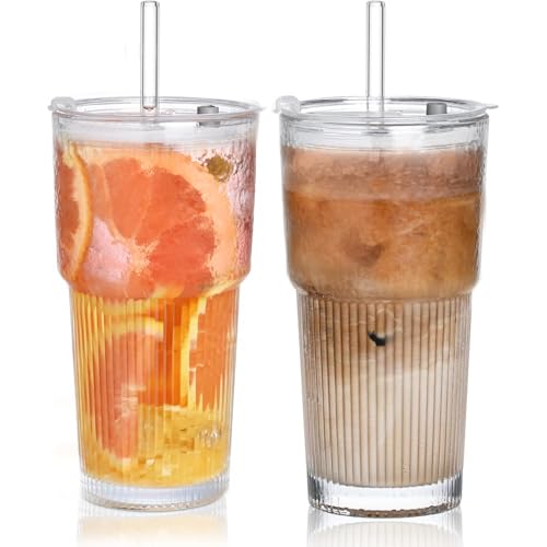 VITEVER 600ml Groß Trinkglas mit Deckel und Strohhalm, 2er Set Bubble Tea Becher, Outdoor Latte Macchiato Gläser, Glasbecher, Trinkbecher für Smoothie Eiskaffee Matcha Cocktail Saft von VITEVER