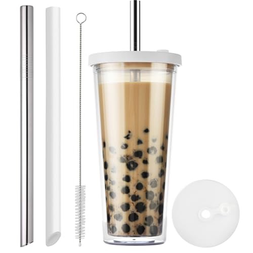 VITEVER Bubble Tea Cup, 24oz Eiskaffeebecher mit Strohhalm und Deckel, Auslaufsicherer Klarer Kunststoff Bubble Tea Tumbler, Doppelwandiger isolierter Smoothie Becher, weiß VITEVER Bubble Tea Cup, 24oz Eiskaffeebecher mit Strohhalm und Deckel, Auslaufsicherer Klarer Kunststoff Bubble Tea Tumbler, Doppelwandiger isolierter Smoothie Becher, weiß von VITEVER