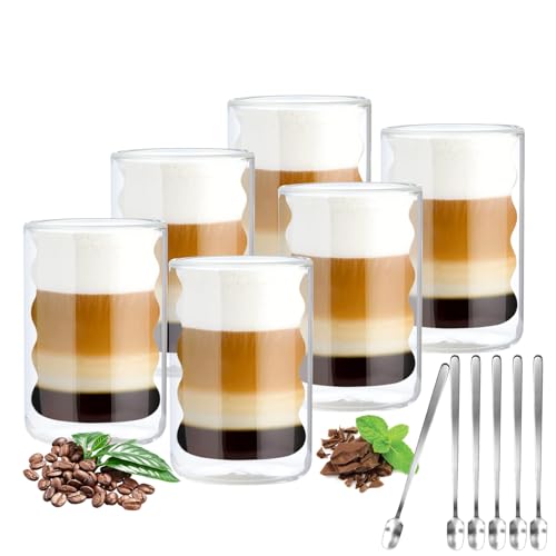 VITEVER Latte Macchiato Gläser Doppelwandig 400ml 6er Pack mit 6 Löffeln Doppelwandige Kaffeegläser Cappuccino Tassen Glas Spiralförmig Thermogläser Teegläser aus Borosilikatglas von VITEVER