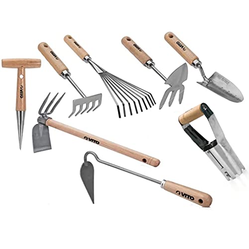 VITO Garden - Gartenwerkzeug Set aus Stahl und Holz - 8 Teile - traditionell geschmiedete und robuste Handwerkzeuge für Hobbygärtner und Gartenprofis (Set3) von VITO