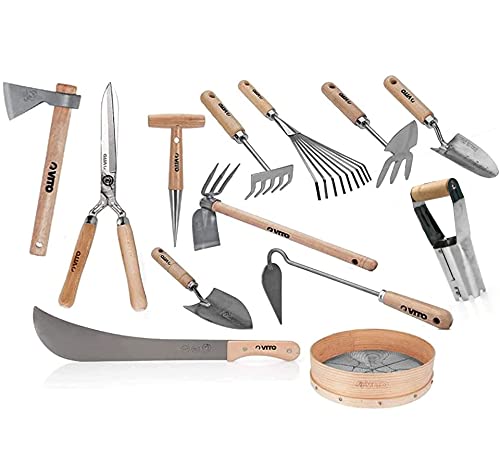 VITO Garden - Gartenwerkzeug Set aus Stahl und Holz - 13 Teile - traditionell geschmiedete und robuste Handwerkzeuge für Hobbygärtner und Gartenprofis (Set7) von VITO