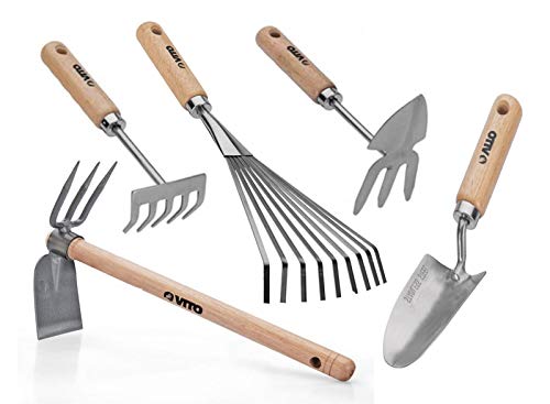 VITO Garden - Gartenwerkzeug Set aus Stahl und Holz - 5 Teile - traditionell geschmiedete und robuste Handwerkzeuge für Hobbygärtner und Gartenprofis (Set2) von VITO