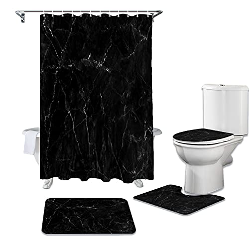 VITREGEN 4-teiliges Duschvorhang-Set Schwarzer Marmor Riss Textur Duschvorhang-Set mit Teppich Badematte Teppich Badezimmer Vorhang WC Abdeckung Abdeckung Heimtextilien von VITREGEN