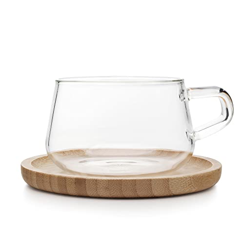 VIVA Teetasse oder KaffeeTasse mit Untertasse aus Glas aus Bambusholz – 250 ml – perfekt für Cappuccino von Viva Scandinavia