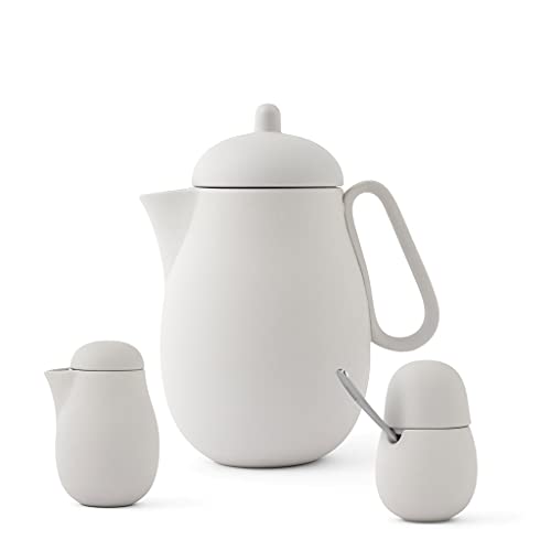 Tee-set Porzellan 3-teilig bestehend aus Designer Teekannne, Milchkännchen und Zuckerdose mit Löffel aus Edelstahl, Matt Sand Grau von Viva Scandinavia