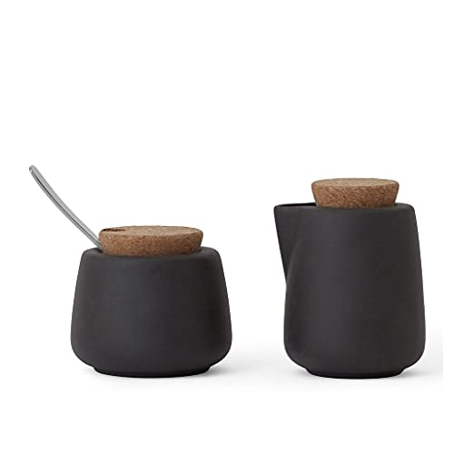 Viva Nicola Holzkohle-Zucker- und Sahnekännchen, Kaffee- und Tee-Servierset aus Porzellan – Sahnekännchen und Zuckerdose mit Korkdeckel und Metalllöffel, 7oz/200 ml Milch und Zucker für die Kaffeebar von Viva Scandinavia