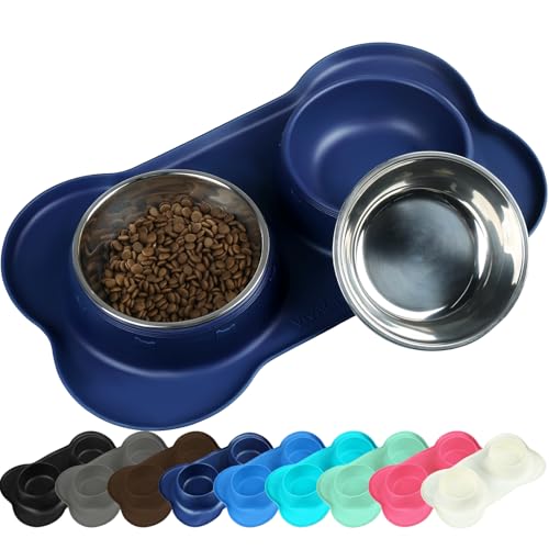VIVAGLORY Hundenapf Fressnapf Lebensmittel Wassernapf Edelstahl Doppel Napf mit Nicht Kleckern Rutschfesten Silikon Tablett Matte, Navy blau, 185ml x 2 für Welpen von VIVAGLORY