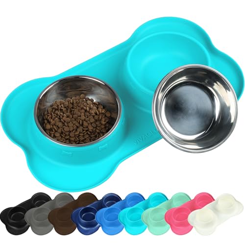 VIVAGLORY Hundenapf Fressnapf Lebensmittel Wassernapf Edelstahl Doppel Napf mit Nicht Kleckern Rutschfesten Silikon Tablett Matte, Türkis, 185ml x 2 für Welpen von VIVAGLORY
