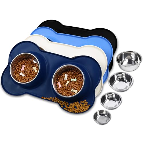 VIVAGLORY 1270ml Hundenapf Fressnapf Lebensmittel Wassernapf Edelstahl Doppel Napf mit Nicht Kleckern Rutschfesten Silikon Tablett Matte, Navy Blau, Extra groß von VIVAGLORY