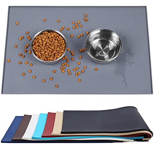 VIVAGLORY Hundefuttermatte, Katzenhund-Fütterungsmatte, Anti-Messy wasserdichte Futterfutter-Nahrungsnahrungs-Pet Schüssel Silikonmatten-Placemat mit erhöhter Kante, Grau, Klein (48x30cm) von VIVAGLORY