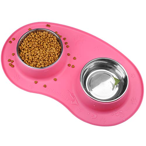 VIVAGLORY Futternapf Hund Edelstahl und Breiterer, Rutschfester, Anti-Spill Silikonmatte für Katzen Hunde, 1270ml x 2, Rosa von VIVAGLORY