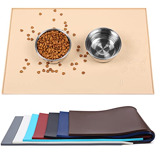 VIVAGLORY Hundefuttermatte, Katzenhund-Fütterungsmatte, Anti-Messy wasserdichte Futterfutter-Nahrungsnahrungs-Pet Schüssel Silikonmatten-Placemat mit erhöhter Kante, Beige gelb., Klein (48x30cm) von VIVAGLORY