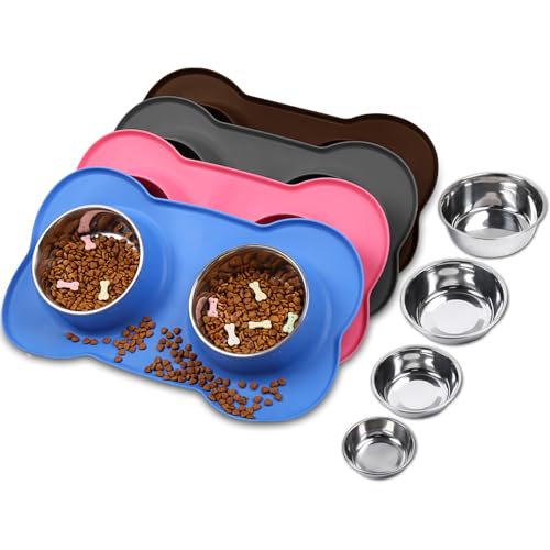 VIVAGLORY Hundenapf Fressnapf Lebensmittel Wassernapf Edelstahl Doppel Napf mit Nicht Kleckern Rutschfesten Silikon Tablett Matte, Blau, Extra groß von VIVAGLORY