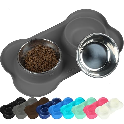 VIVAGLORY Hundenapf Fressnapf Lebensmittel Wassernapf Edelstahl Doppel Napf mit Nicht Kleckern Rutschfesten Silikon Tablett Matte, Grau, Mittel von VIVAGLORY
