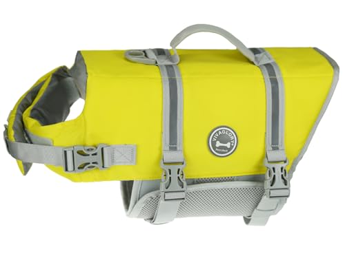 VIVAGLORY Rip Stop Schwimmweste Hund, Hundeschwimmweste, Schwimmhilfe & Auftrieb, Rettungsweste Hund für Bootfahren, S, Gelbgrau von VIVAGLORY