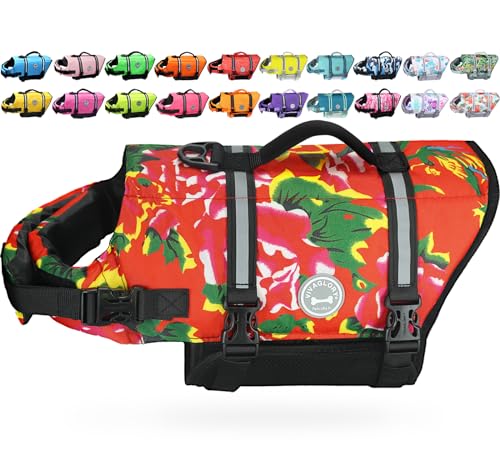 VIVAGLORY Rip Stop Schwimmweste Hund, Hundeschwimmweste, Schwimmhilfe & Auftrieb, Rettungsweste Hund für Bootfahren, S, Nordwest Blumen-Rot von VIVAGLORY