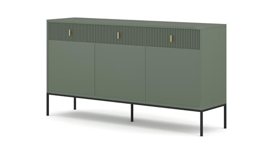 Kommode Maggiore in Rauchgrün - Sideboard Schrank fürs Schlafzimmer und Wohnzimmer - goldene Griffe Schwarze Füße - Elegantes Design mit geriffelten Fronten - 3 Türen Kommode Maggiore in Rauchgrün - Sideboard Schrank fürs Schlafzimmer und Wohnzimmer - goldene Griffe Schwarze Füße - Elegantes Design mit geriffelten Fronten - 3 Türen von VIVALDI