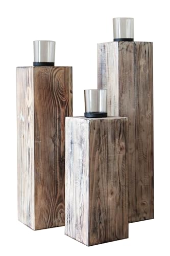 VIVANNO Windlicht Windlichtsäule Kerzenhalter Säule Recycling Holz Lumira Shabby Chic Weiß (3er Set 60/76/86 cm) von VIVANNO