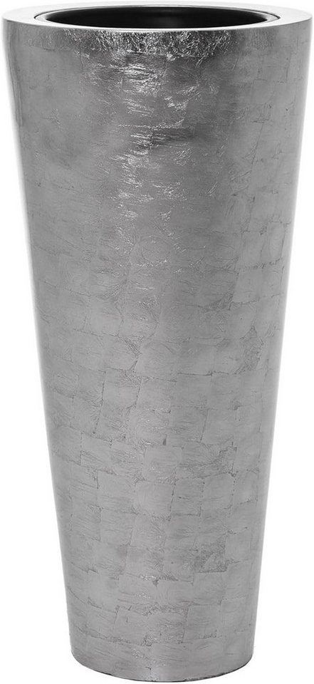 VIVANNO Pflanzkübel Fiberglas RONDO CLASSICO Rund, Silber Blattoptik Hochglanz 38x80 cm von VIVANNO
