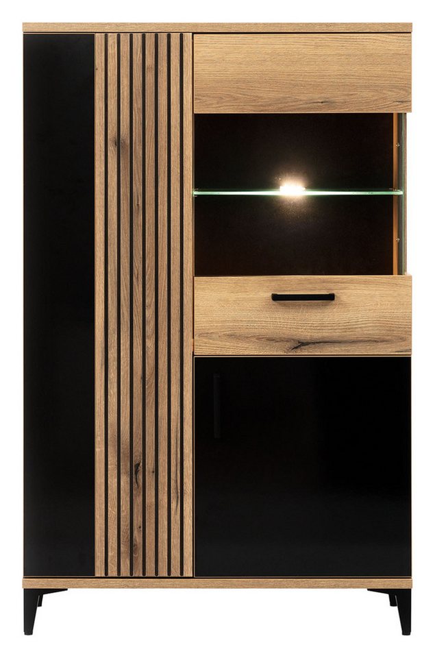 VIVENTE Möbel Highboard Highboard Vitrine ARIS Eiche / schwarz Hochglanz, 2 Türen von VIVENTE Möbel