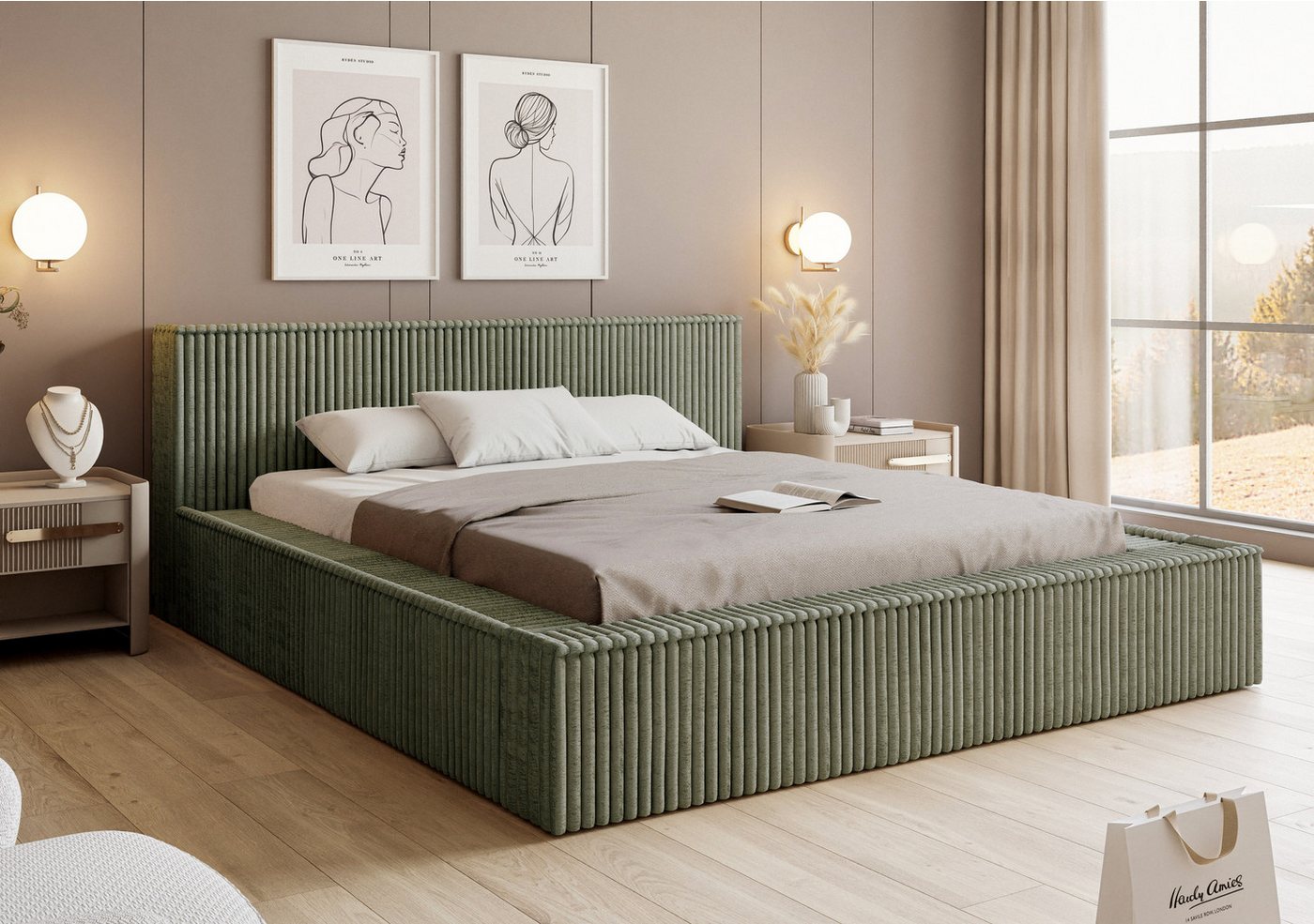 VIVENTE Möbel Polsterbett LUCCA 01 das Original - weicher Cord-Stoff, Lattenrost (wahlweise Holz- oder Metallrahmen Lattenrost, 32 Lamellen), mit großem Bettkasten in versch. Breiten und Farben von VIVENTE Möbel