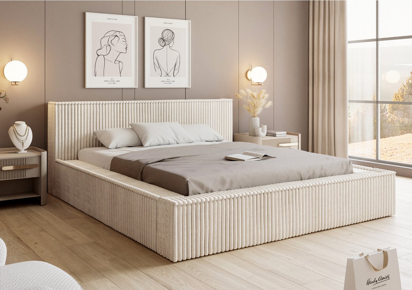 VIVENTE Möbel Polsterbett LUCCA 01 das Original - weicher Cord-Stoff, Lattenrost (wahlweise Holz- oder Metallrahmen Lattenrost, 32 Lamellen), mit großem Bettkasten in versch. Breiten und Farben von VIVENTE Möbel