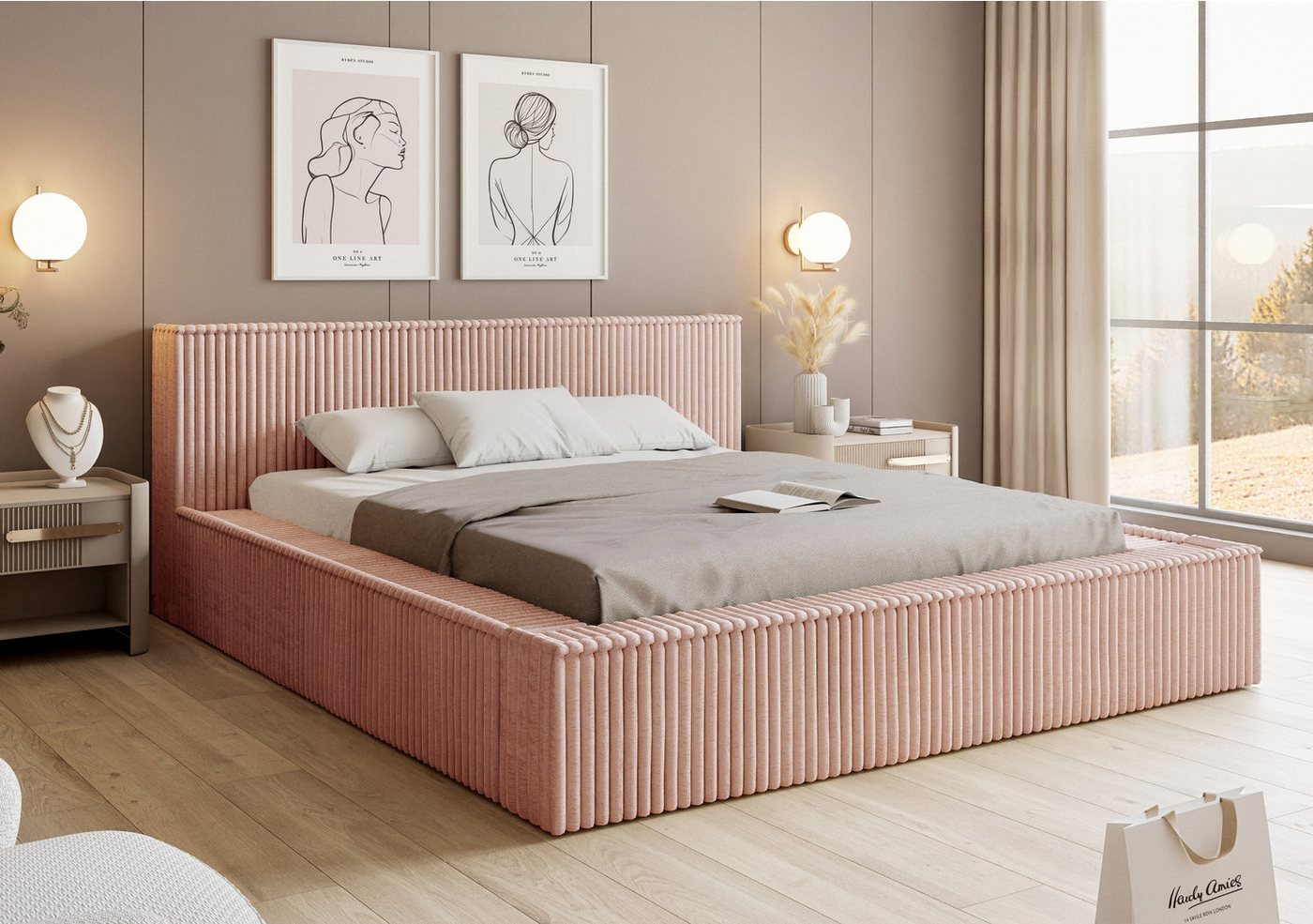 VIVENTE Möbel Polsterbett LUCCA 01 das Original - weicher Cord-Stoff, Lattenrost (wahlweise Holz- oder Metallrahmen Lattenrost, 32 Lamellen), mit großem Bettkasten in versch. Breiten und Farben von VIVENTE Möbel