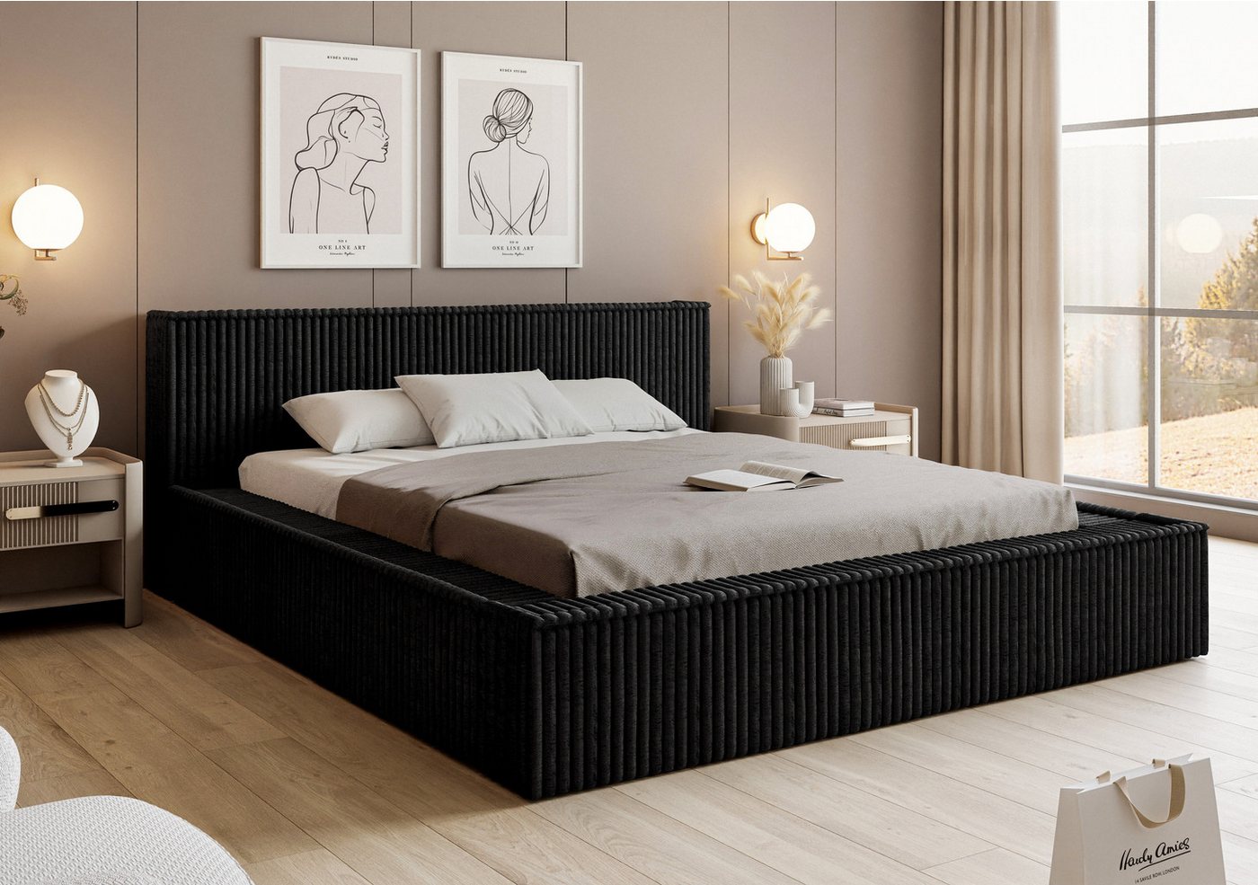VIVENTE Möbel Polsterbett LUCCA 01 das Original - weicher Cord-Stoff, Lattenrost (wahlweise Holz- oder Metallrahmen Lattenrost, 32 Lamellen), mit großem Bettkasten in versch. Breiten und Farben von VIVENTE Möbel