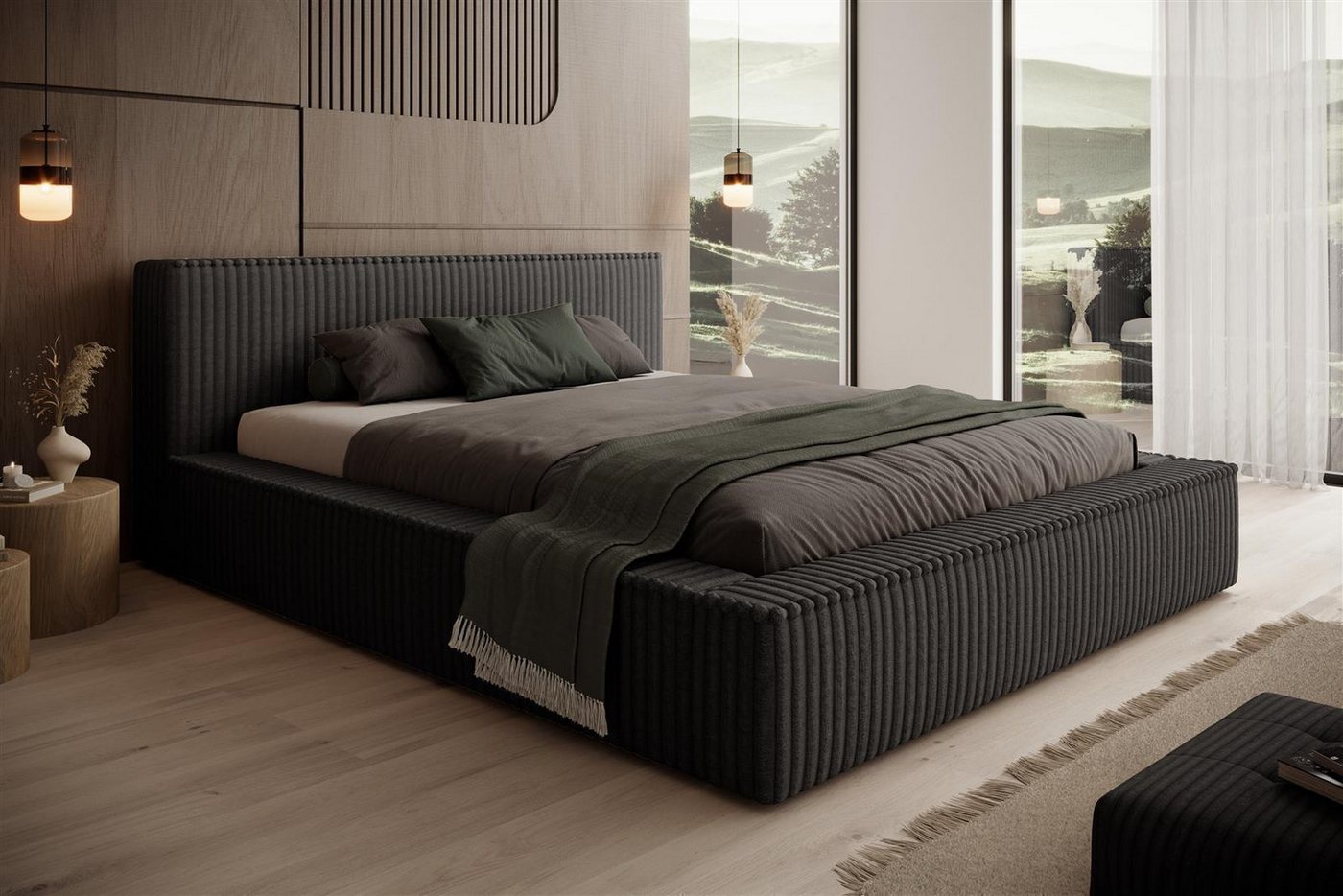 VIVENTE Möbel Polsterbett LUCCA im kuschelligen Cord Stoff, Lattenrost 32 Lamellen (Breiten 120/140/160/180/200 cm), mit großem Bettkasten in versch. Breiten und Farben von VIVENTE Möbel