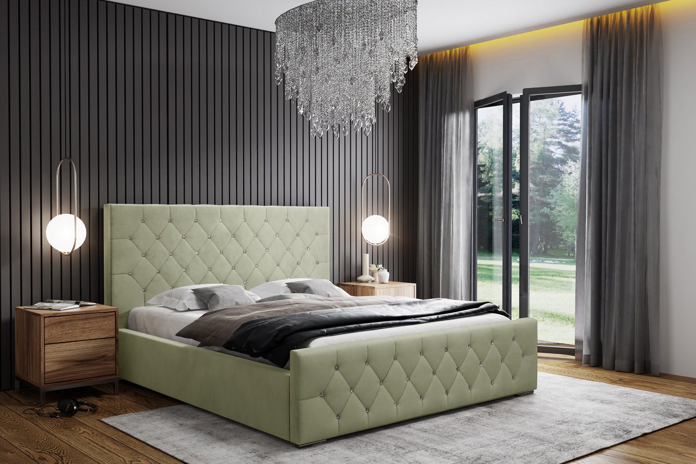 VIVENTE Möbel Polsterbett SEVILLA m. SWAROVSKI-Elements großer Bettkasten 32 Lamellen Lattenrost (Breiten 140/160/180 cm), mit großem Bettkasten in versch. Breiten und Farben von VIVENTE Möbel