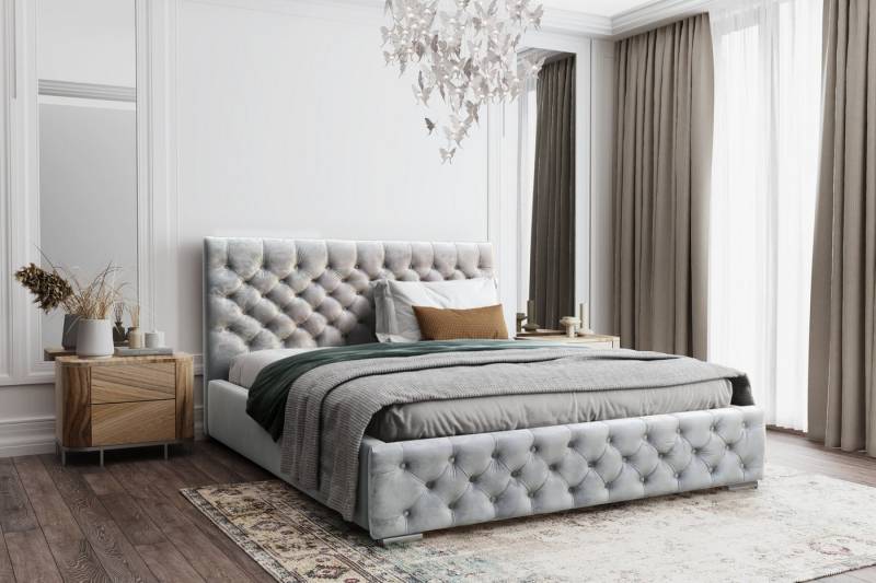VIVENTE Möbel Polsterbett WINDSOR Samtstoff Bezug, exklusive Chesterfield Steppung, Bettkasten (Breiten 120/140/160/180/200 cm), inkl. Holz-/ Metall Rahmen Lattenrost von VIVENTE Möbel