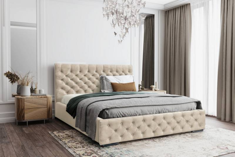 VIVENTE Möbel Polsterbett WINDSOR Samtstoff Bezug, exklusive Chesterfield Steppung, Bettkasten (Breiten 120/140/160/180/200 cm), inkl. Holz-/ Metall Rahmen Lattenrost von VIVENTE Möbel