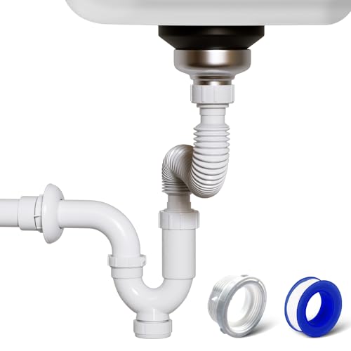 VIVIDA Spülbecken-Ablauf-Set, 3,8 cm erweiterbares, flexibles Ablaufrohr mit 3,8 cm P-Falle für Küchenspüle, 3,8 cm Adapter im Lieferumfang enthalten, Weiß, 1 Stück von VIVIDA