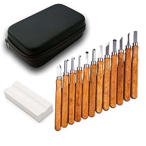 12 Stück Schnitzmesser +1 Wetzsteine ​​+ Tasche | Für Profis, Kinder, Anfänger | Holzschnitzmesser für Holz, Obst, Gemüse, Schnitzen DIY und Wachs | Kunstschnitzmesser-Set mit Gravur (Länge 141 mm) von VIVIIHOO