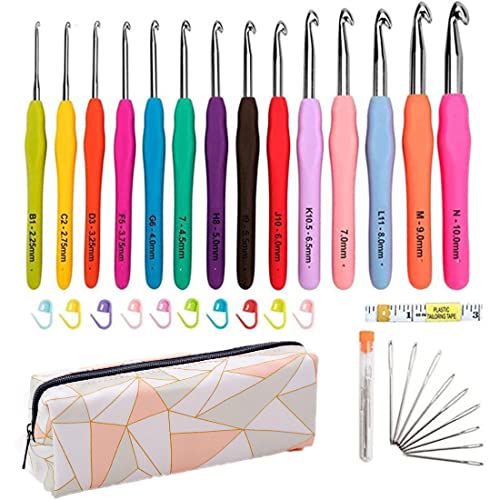 VIVIIHOO 14-teiliges Häkelnadel-Set mit ergonomischem Komfortgriff, weichem Gummi, mit Zubehör, Heimwerkzeug, Häkelnadel-Set (Farbe) von VIVIIHOO