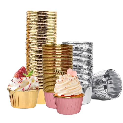 VIVIIHOO 150 Stücke Muffinförmchen Papier - Wasserdicht, Ölfest & Antihaftbeschichtet! Cupcake Förmchen aus Aluminiumfolie in Gold, silbrig & Rosa. Perfekt für Mini Muffins Papierförmchen! von VIVIIHOO