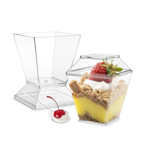 VIVIIHOO Dessertgläser mit Deckel, 50 Stück 2OZ Dessertschalen Plastik, Wiederverwendbare Dessertbecher für Pudding Mousse Party inklusive Löffeln - Klar Quadratischer Desserttassen Set von VIVIIHOO