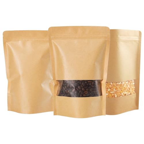 VIVIIHOO Kraftpapier Tüten mit Sichtfenster, 60pcs Blockbodenbeutel mit Sichtfenster, Standbodenbeutel, perfekt für Nüsse, Kaffeebohnen, Teeblätter und Gewürze(9x14cm) von VIVIIHOO