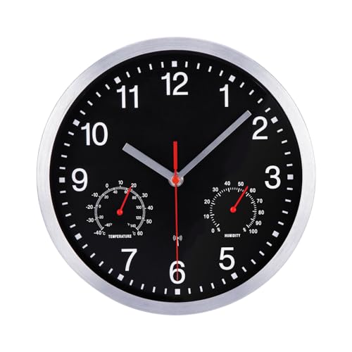 VIVILINEN Funkuhr Mit Thermometer Hygrometer Geräuschlos Wanduhr Ohne Tickgeräusche Funkwanduhr Lautlos Wanduhr Nicht Tickend Hängeuhr für Wohnzimmer Schlafzimmer Büro Küche 10 Zoll (Schwarz) von VIVILINEN