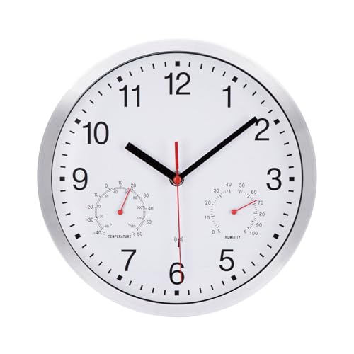 VIVILINEN Funkuhr Mit Thermometer Hygrometer Geräuschlos Wanduhr Ohne Tickgeräusche Funkwanduhr Lautlos Wanduhr Nicht Tickend Hängeuhr für Wohnzimmer Schlafzimmer Büro Küche 10 Zoll (Weiß) von VIVILINEN