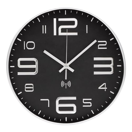 VIVILINEN Wanduhr Funk mit Großen Zahlen Funkuhr Rund geräuschlos Wanduhr Ohne Tickgeräusche Funkwanduhr Lautlos Wanduhr Nicht Tickend Hängeuhr für Küche Büro Wohnzimmer Schlafzimmer 12 Zoll (Silber) von VIVILINEN