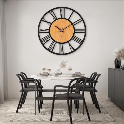 VIVILINEN Wanduhr 50cm in Holzimitation Vintage Mit Römischen Ziffern - Retro Ohne Tickgeräusche, Nicht Tickend, Batteriebetriebene Lautlose Hängeuhr für Wohnzimmer, Schlafzimmer, Büro von VIVILINEN