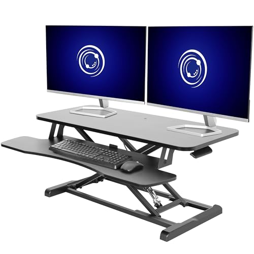 Vivo DESK-V036KB Höhenverstellbarer Schreibtischaufsatz, Sitz-Steh-Arbeitsplatz für zwei Monitore und Laptop, mit breiter Tastaturablage, Schwarz, 91,4 cm von VIVO